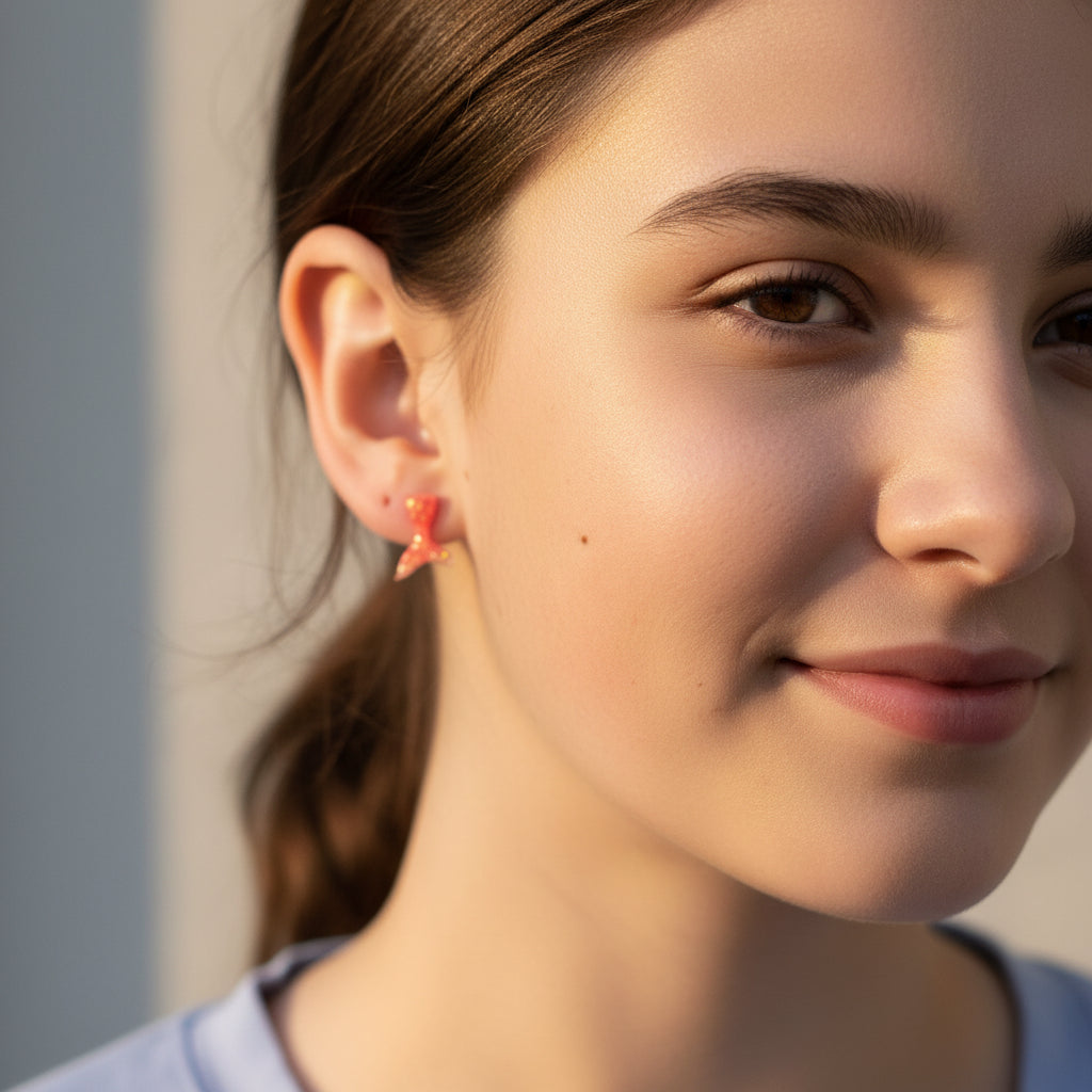 Close-up of an ear with a red mermaid tail earring and a small silver earring.
