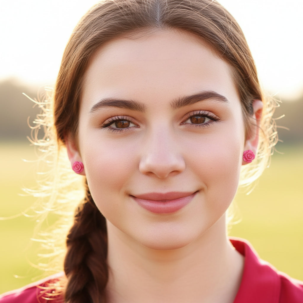 Close-up of a woman with braided hair and pink earrings against a blurred natural background