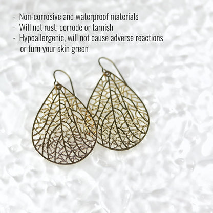 Filigree Leaf Teardrop Dangle Earrings, 16 Colors