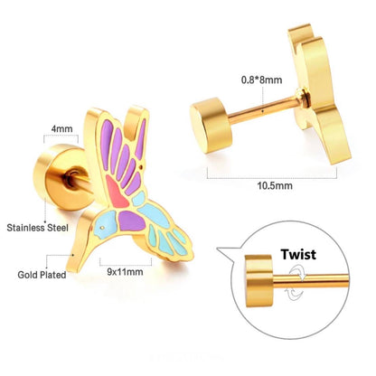 gold hummingbird earrings screw back