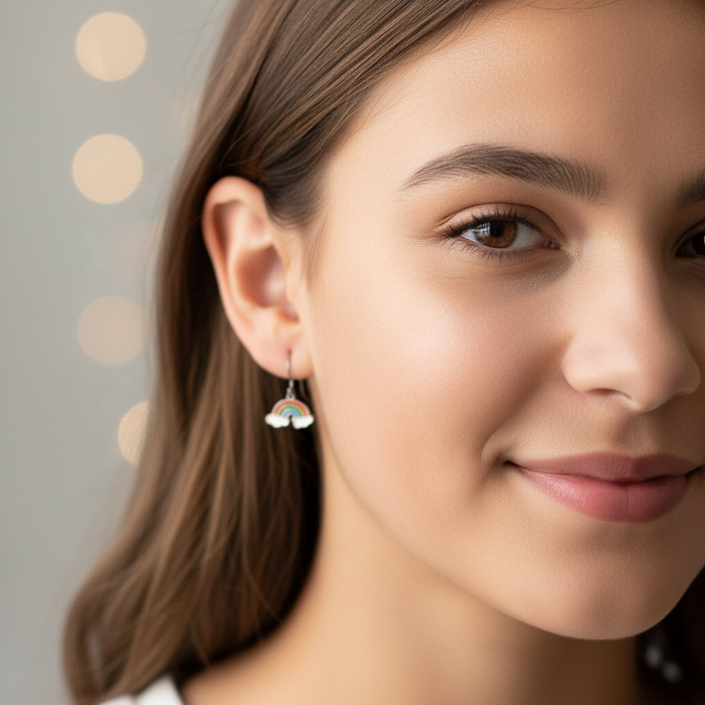 Close-up of an ear wearing a rainbow-shaped earring with a small hoop.