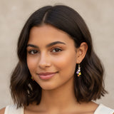 Close-up of an ear wearing colorful butterfly earrings with a blurred background.