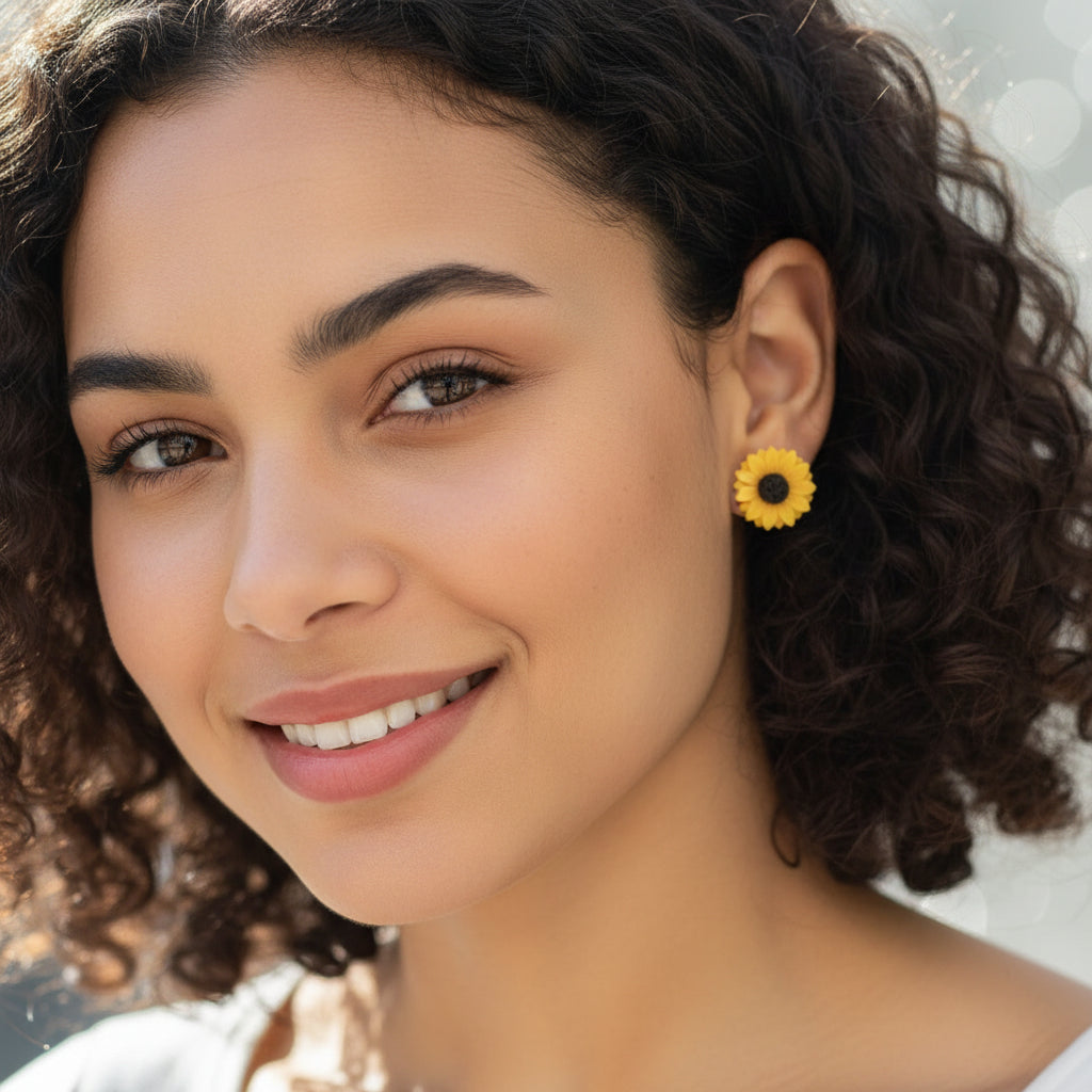 Close-up of a yellow sunflower-shaped earring worn on an ear.