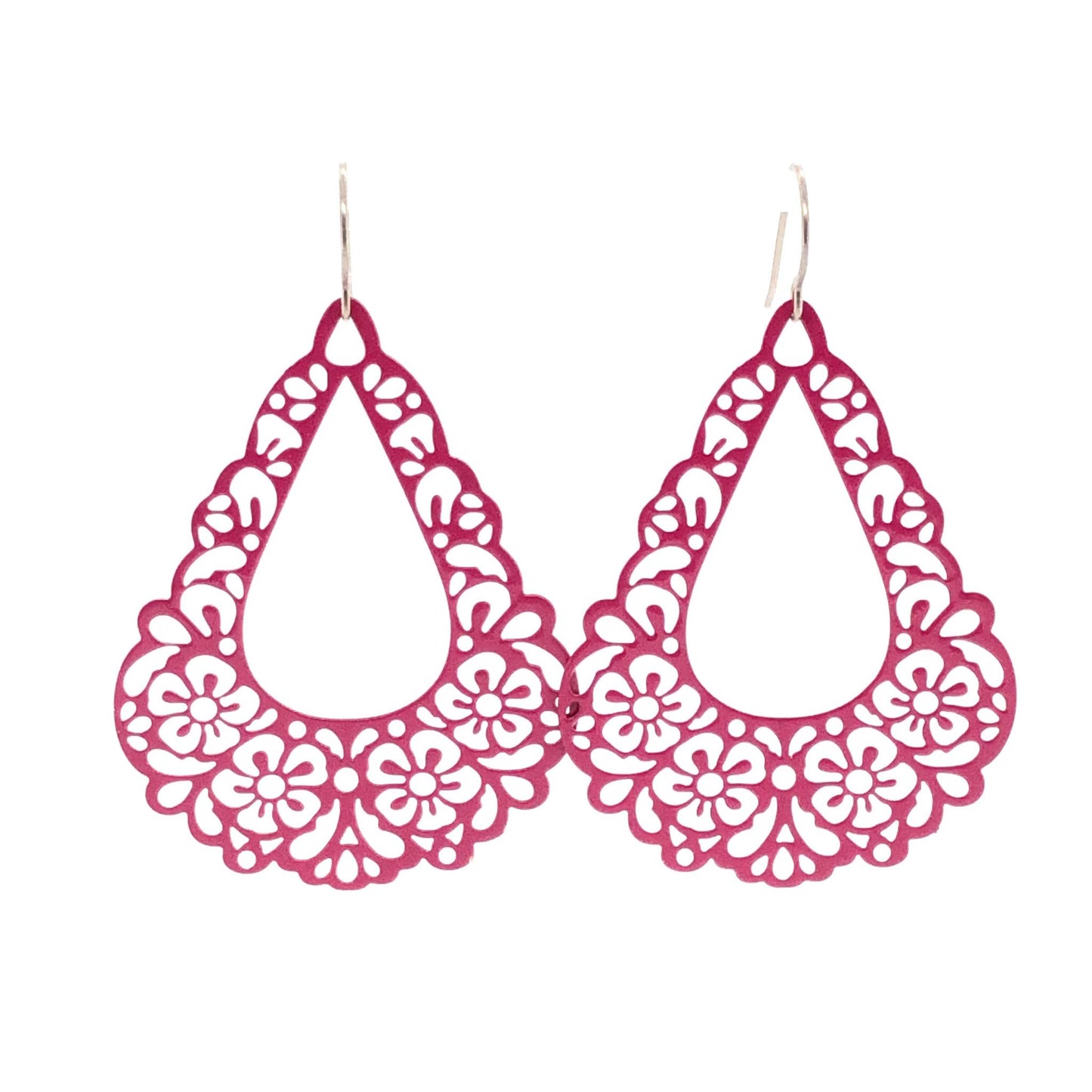 A pair of pink floral filigree teardrop dangle earrings.