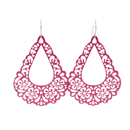 A pair of pink floral filigree teardrop dangle earrings.