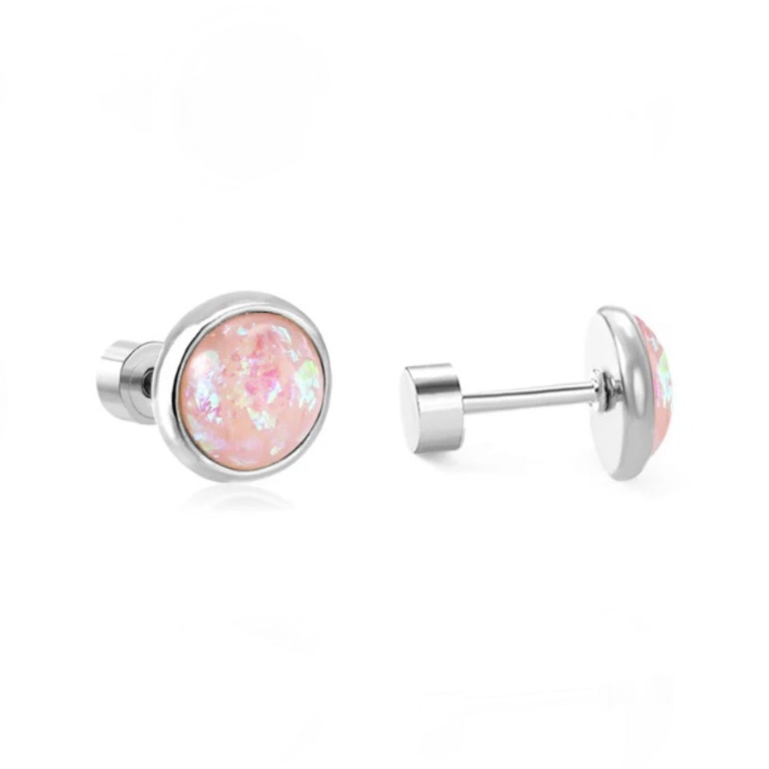 A pair of stainless steel iridescent cabochon stud earrings with a flat back closure.