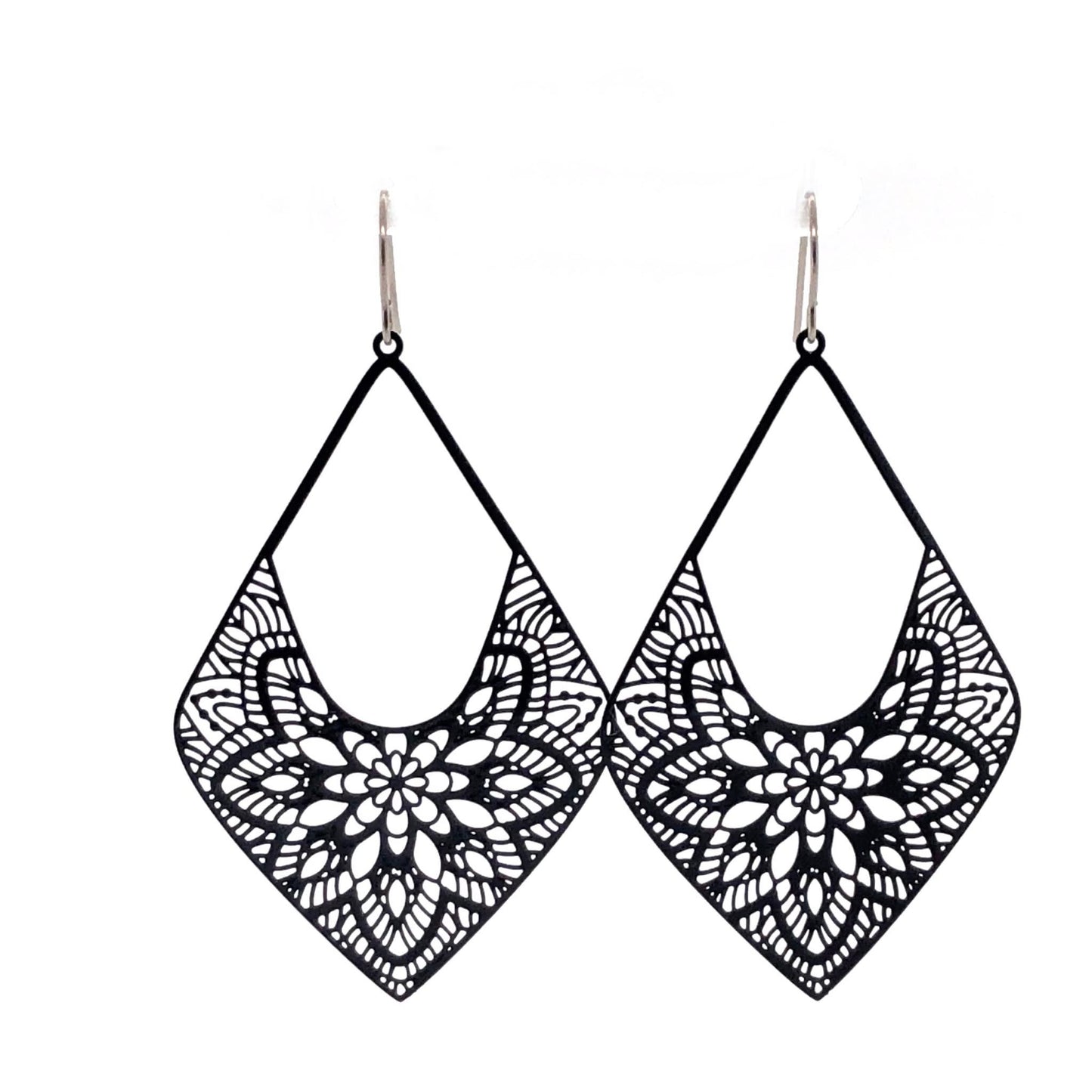 A pair of black lace diamond-shaped dangle earrings with invisible clip-on attachments.