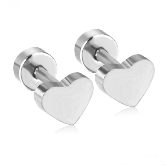A pair of silver heart-shaped screw back earrings.