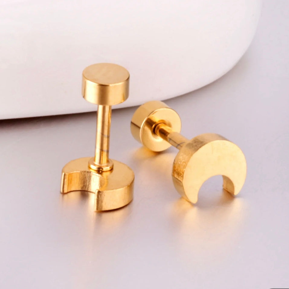 Screw Backs Moon Earrings, PVD 18k Gold Nickel-Free