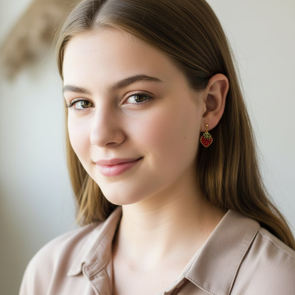 Close-up of an ear wearing gold strawberry earrings with a blurred background