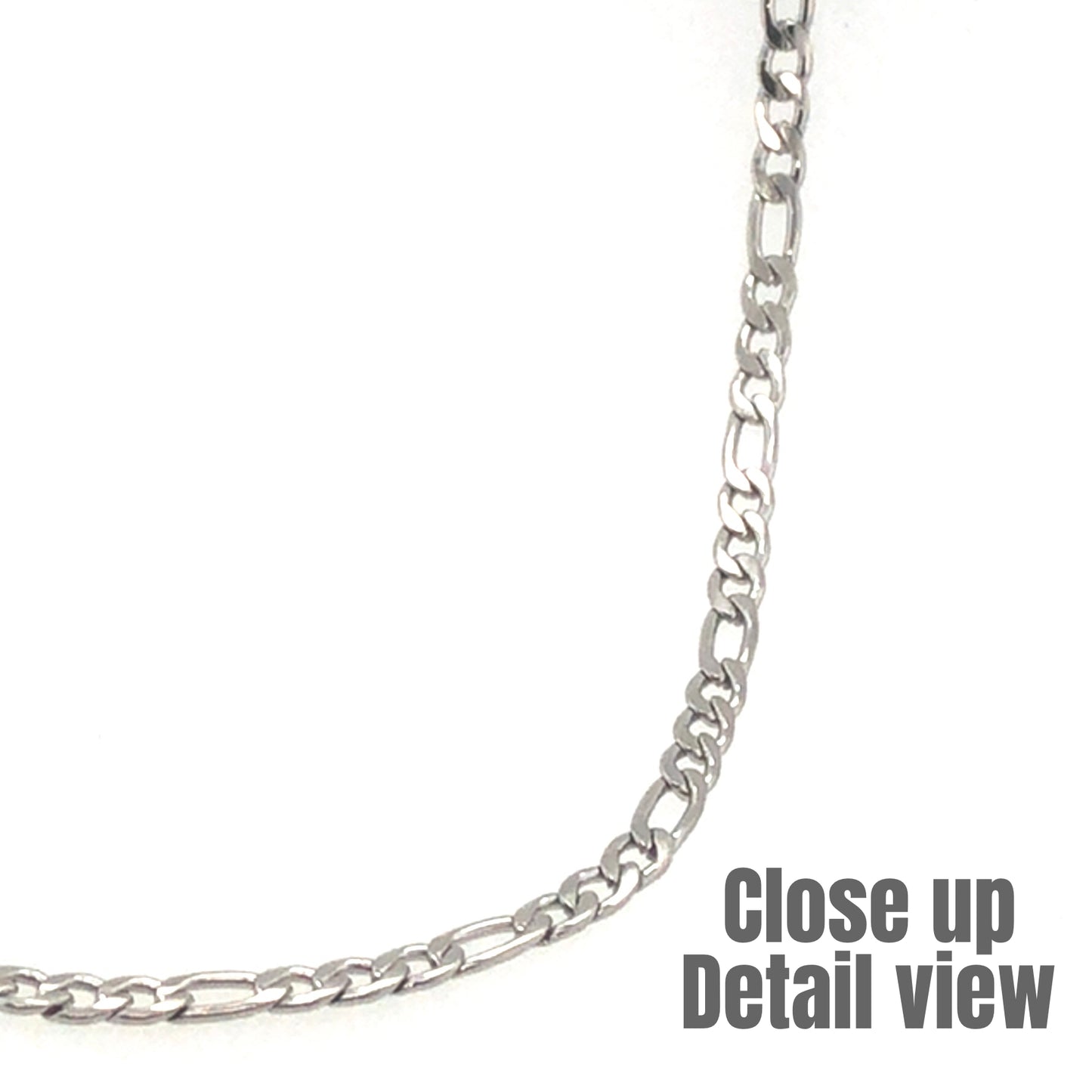 Close-up detail view of a silver Figaro necklace chain.