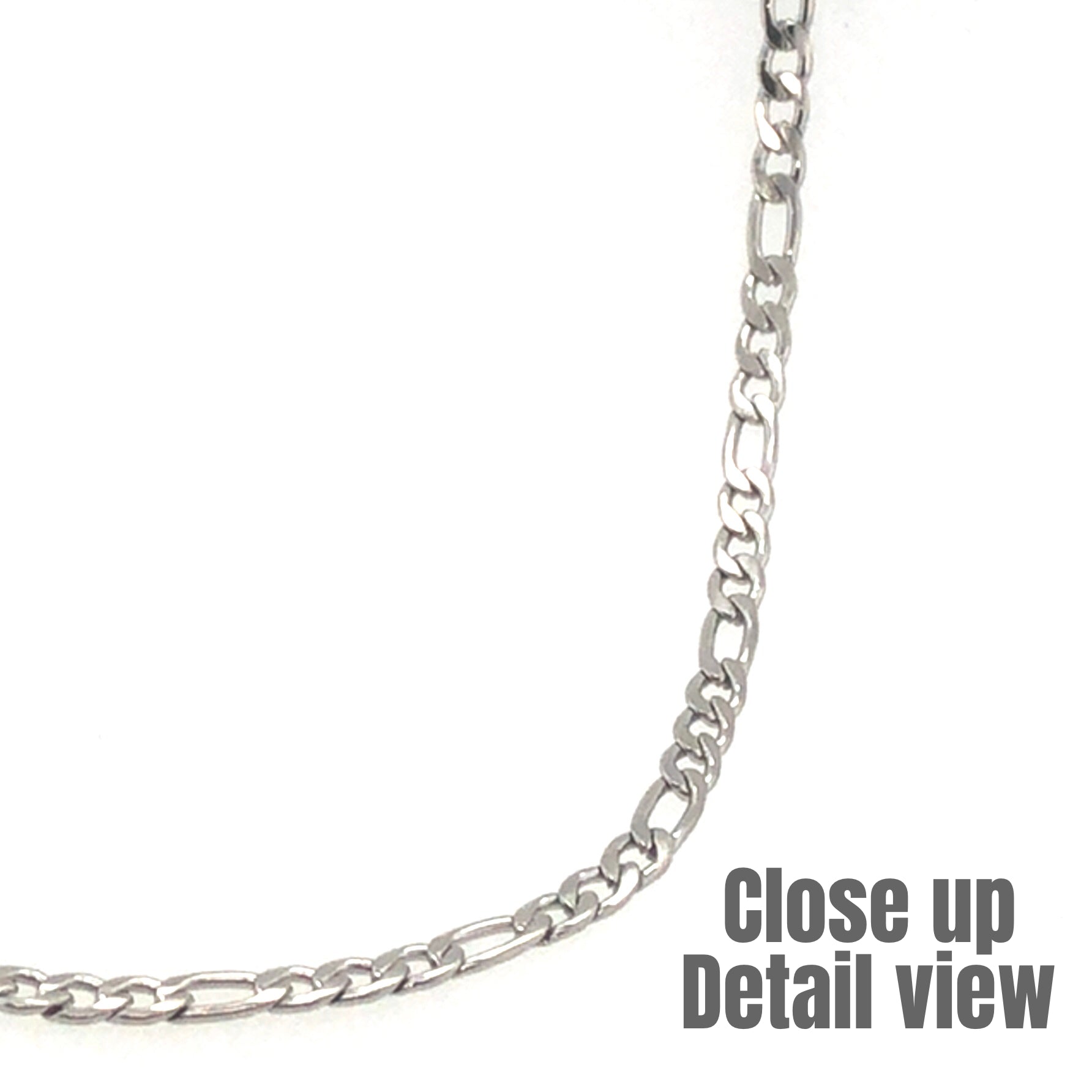 Close-up detail view of a silver Figaro necklace chain.