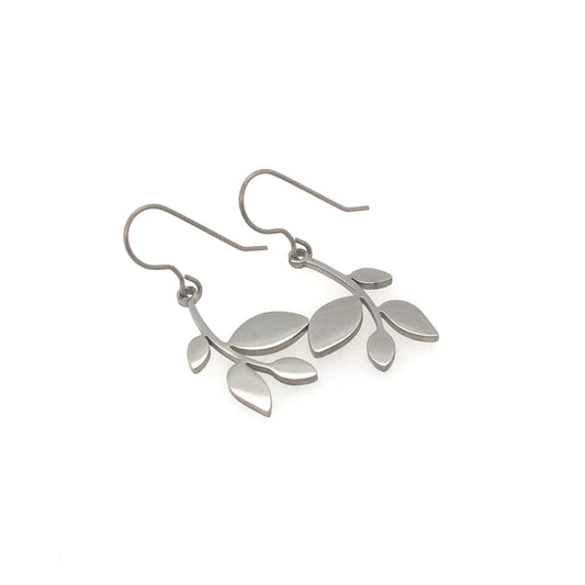 A pair of leaf branch dangle earrings made of stainless steel with gold  color, featuring plastic hooks.