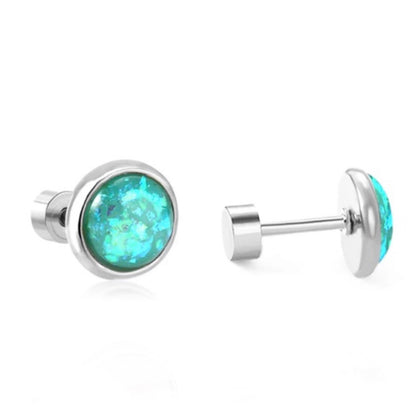 A pair of stainless steel iridescent cabochon stud earrings with a flat back closure.