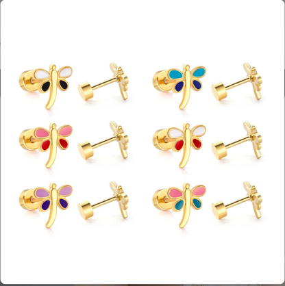 6 pair of stainless steel dainty dragonfly stud earrings with a blue and gold PVD coating, featuring flat screw-on backs.