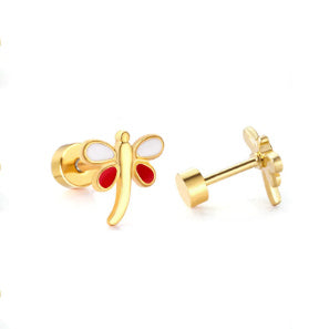 A pair of stainless steel dainty dragonfly stud earrings with a blue and gold PVD coating, featuring flat screw-on backs.