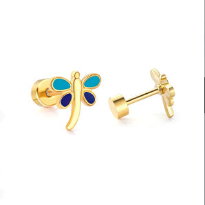 A pair of stainless steel dainty dragonfly stud earrings with a blue and gold PVD coating, featuring flat screw-on backs.