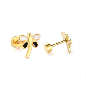 A pair of stainless steel dainty dragonfly stud earrings with a blue and gold PVD coating, featuring flat screw-on backs.
