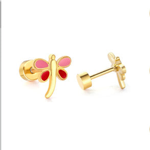 A pair of stainless steel dainty dragonfly stud earrings with a blue and gold PVD coating, featuring flat screw-on backs.