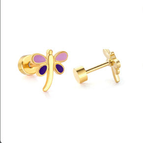 A pair of stainless steel dainty dragonfly stud earrings with a blue and gold PVD coating, featuring flat screw-on backs.