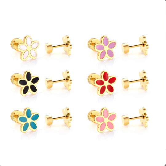 6 pair of 18k gold nickel-free screw back earrings shaped like a flower with a purple center.