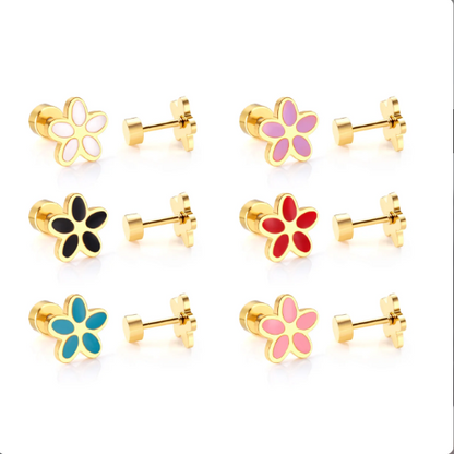 6 pair of 18k gold nickel-free screw back earrings shaped like a flower with a purple center.