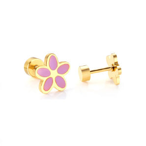 A pair of 18k gold nickel-free screw back earrings shaped like a flower with a purple center.