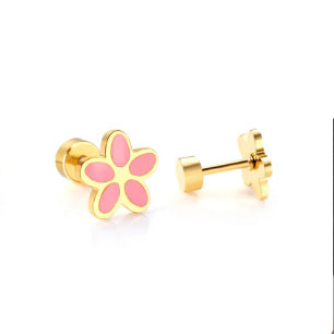 Screw Backs Flower Earrings, PVD 18k Gold Nickel-Free