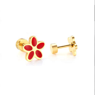 Screw Backs Flower Earrings, PVD 18k Gold Nickel-Free