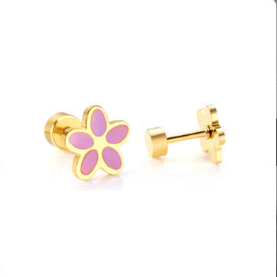 Screw Backs Flower Earrings, PVD 18k Gold Nickel-Free