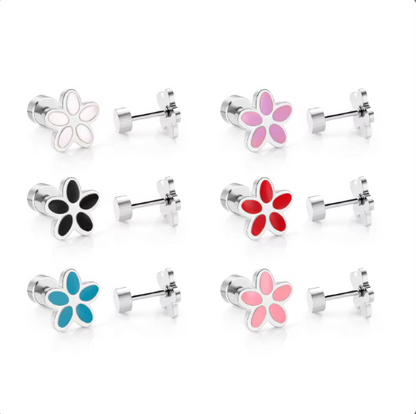 6 pair of 18k gold nickel-free screw back earrings shaped like a flower with a purple center.