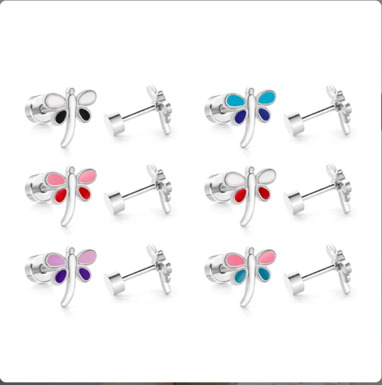 6 pair of stainless steel dainty dragonfly stud earrings with a blue and gold PVD coating, featuring flat screw-on backs.