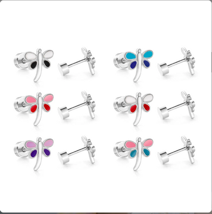 6 pair of stainless steel dainty dragonfly stud earrings with a blue and gold PVD coating, featuring flat screw-on backs.