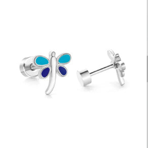 A pair of stainless steel dainty dragonfly stud earrings with a blue and gold PVD coating, featuring flat screw-on backs.