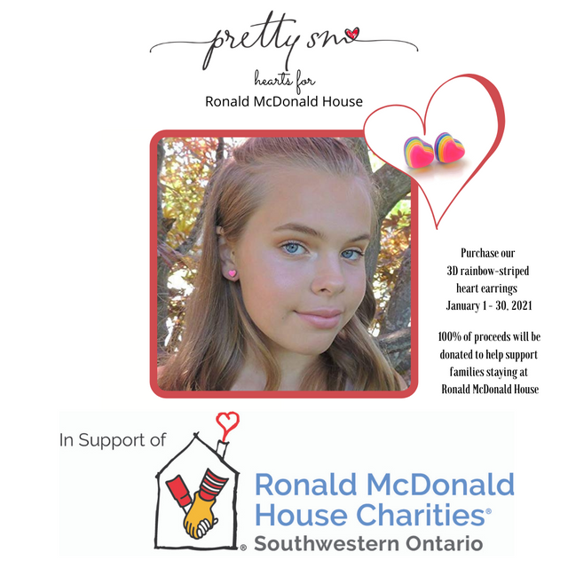 Pretty Smart hearts for Ronald McDonald House.  Purchase a pair of our 8mm rainbow heart earrings from January 1-31, 2021 to help us support RMHC of Southwestern Ontario. 100% of proceeds will be donated.