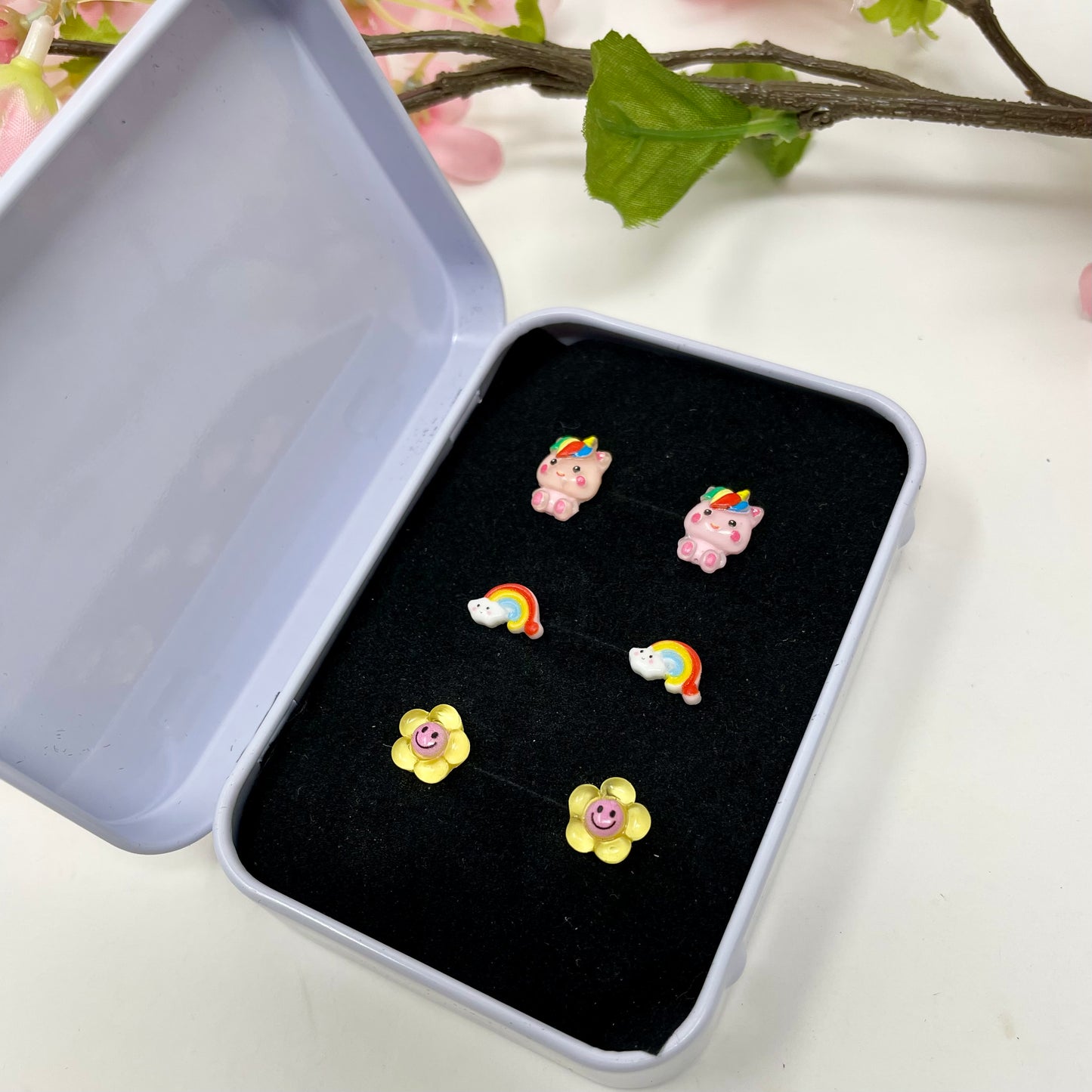 Rainbow Unicorn, Dainty Rainbow, Smiley Face Flower- Stud Earrings Gift Set