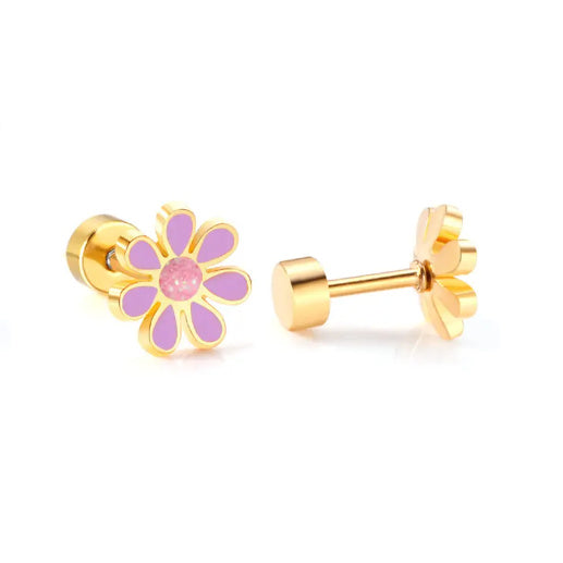 stainless steel daisy stud earrings with 18k gold PVD nickel-free finish in purple