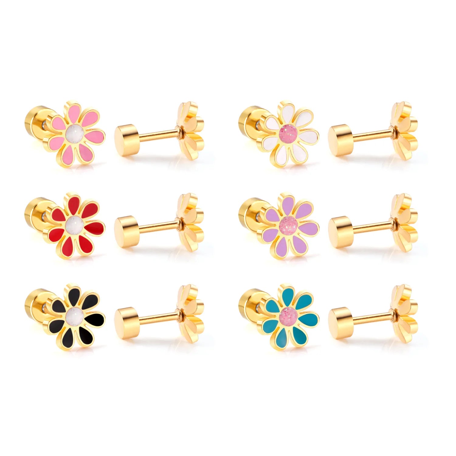 A collection of 6 stainless steel daisy stud earrings with 18k gold PVD nickel-free finish in various colors.