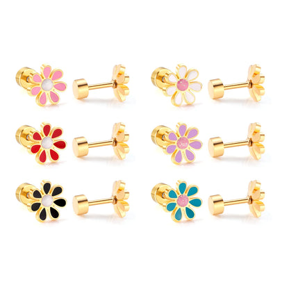 A collection of 6 stainless steel daisy stud earrings with 18k gold PVD nickel-free finish in various colors.