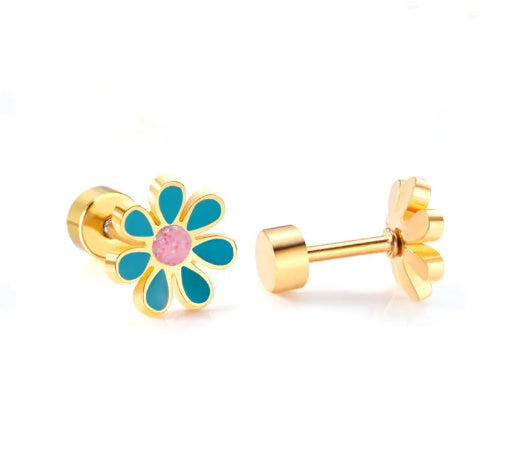 A collection of four stainless steel daisy stud earrings with 18k gold PVD nickel-free finish in teal