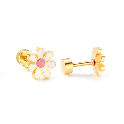 stainless steel daisy stud earrings with 18k gold PVD nickel-free finish in white colors.
