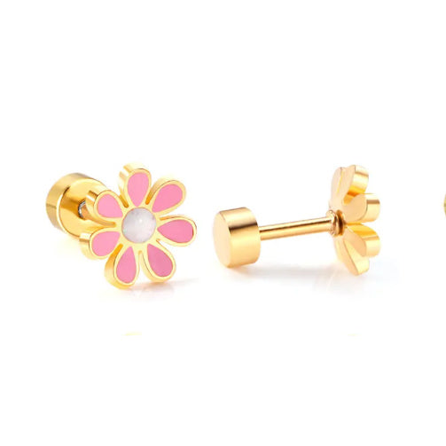 stainless steel daisy stud earrings with 18k gold PVD nickel-free finish in pink