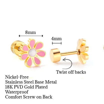 stainless steel daisy stud earrings with 18k gold PVD nickel-free finish in various colors.