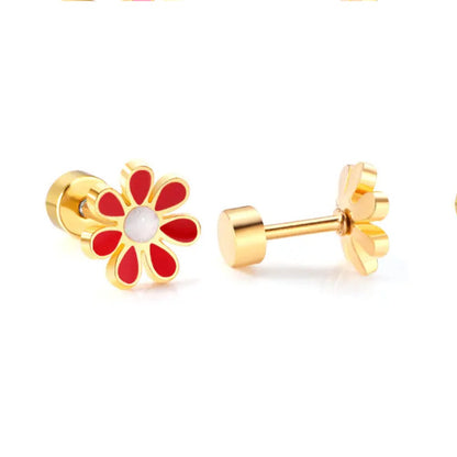 stainless steel daisy stud earrings with 18k gold PVD nickel-free finish in red