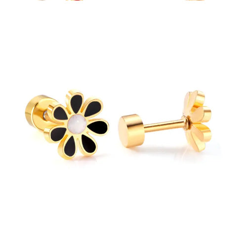 A collection of four stainless steel daisy stud earrings with 18k gold PVD nickel-free finish in black