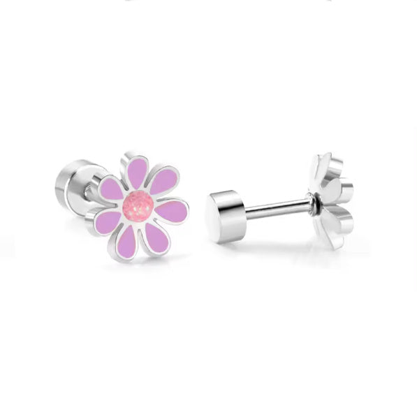 stainless steel daisy stud earrings with 18k gold PVD nickel-free finish in purple