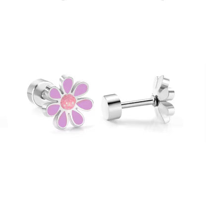stainless steel daisy stud earrings with 18k gold PVD nickel-free finish in purple