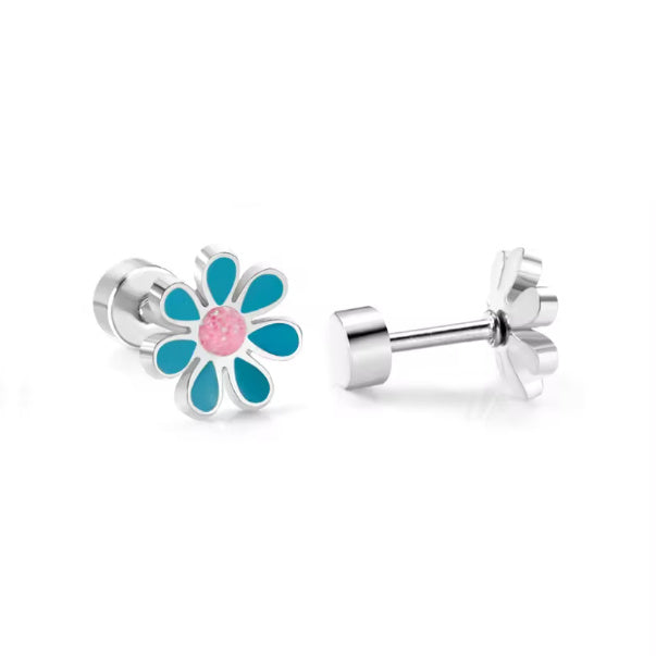 stainless steel daisy stud earrings with 18k gold PVD nickel-free finish in teal