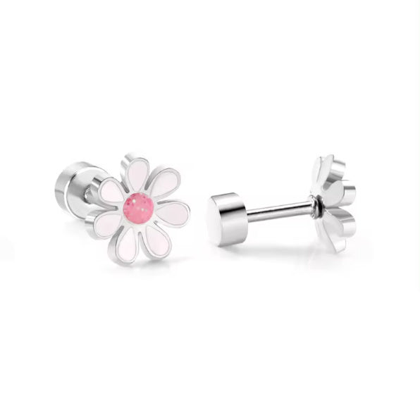 A collection of four stainless steel daisy stud earrings with 18k gold PVD nickel-free finish in various colors.
