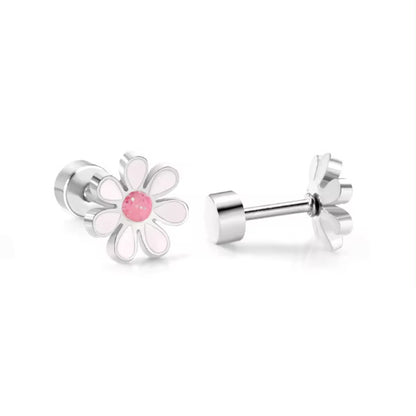 A collection of four stainless steel daisy stud earrings with 18k gold PVD nickel-free finish in various colors.
